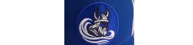 An embroidered wolf logo on a cap