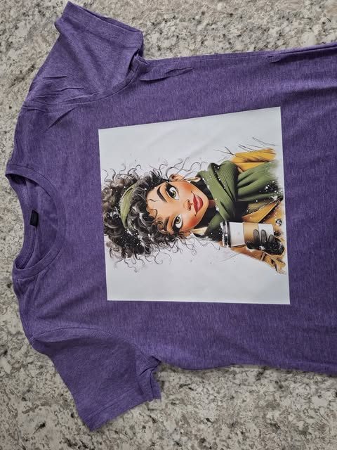 A full-color illustrated portrait printed on a purple t-shirt